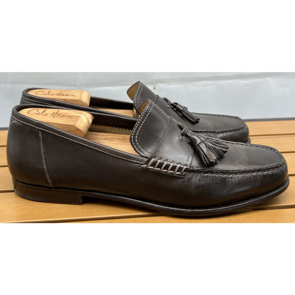 NEW! SANTONI Brown Leather Handsewn Moc Toe Tassel Loafers US 8.5 Made in Italy - Picture 5 of 13